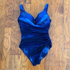 Miraclesuit Blue One Piece Swimsuit Tummy Control Size 14